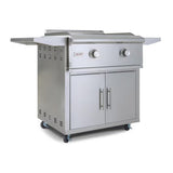 Side angle view of the Blaze, 30-inch, 2 burner griddle in the Blaze griddle cart. Model are BLZ-GRIDDLE-LTE and BLZ-GRIDDLE-CART-SC