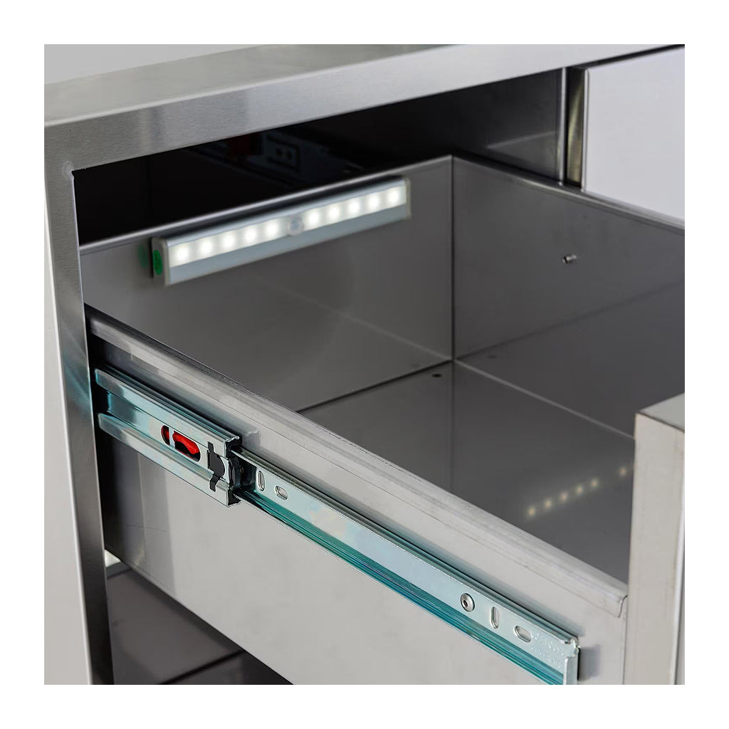 Front view of the light and door slides in Blaze's 3 drawer combo. Model is BLZ-30W-3DRW-LT.