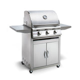 Front view, Blaze Prelude LBM 25-inch 3 burner gas grill sitting in its cart. Model is BLZ-3LBM and BLZ-3-CART-SC.
