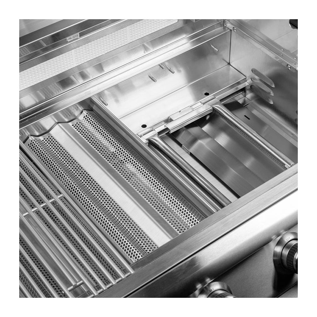 Top view of the cooking grid and flame tamers inside a Blaze 4 burner 32-inch Prelude LBM gas grill. Model is BLZ-4LBM, LP or NG.