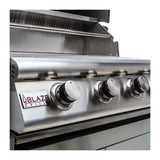 Front view of the gas control knobs on a Blaze 4 burner 32-inch Prelude LBM gas grill. Model is BLZ-4LBM, LP or NG.