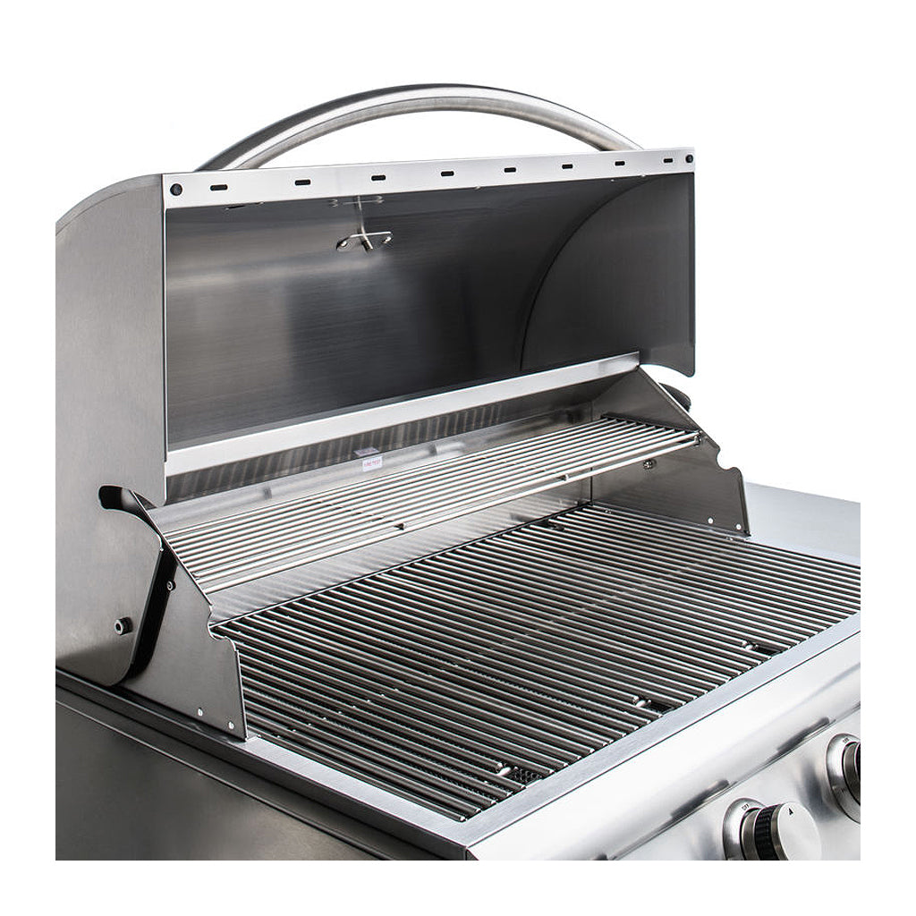 Top view across all four cooking grid panels in a Blaze 4 burner 32-inch Prelude LBM gas grill. Model is BLZ-4LBM, LP or NG.