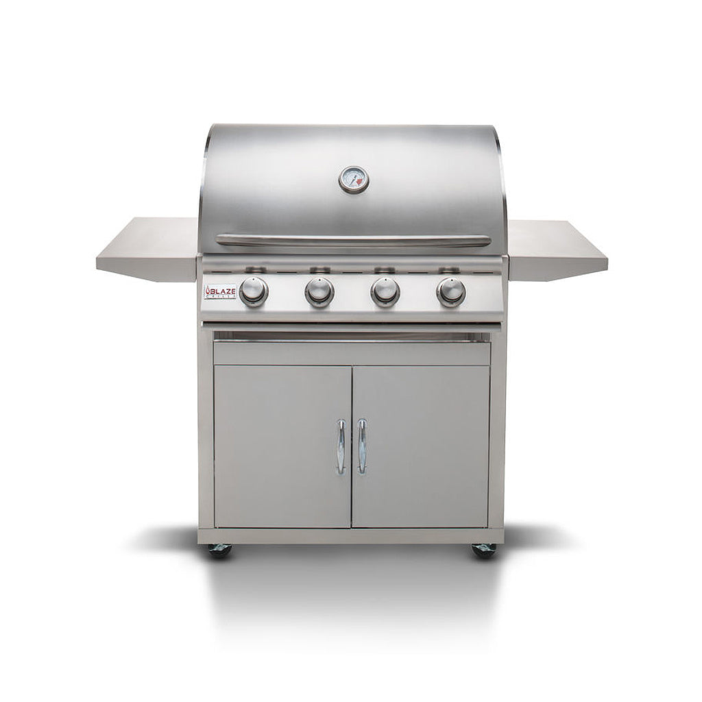 Front view, Blaze 4 burner 32-inch Prelude LBM gas grill in the cart. Model is BLZ-4LBM and BLZ-4-CART-SC.