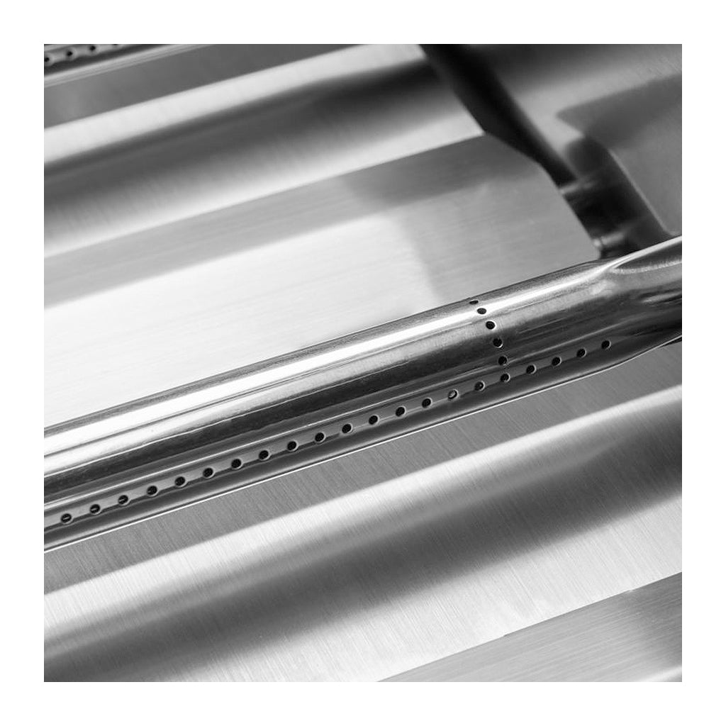 Close up view of burner tube inside the Blaze 4 burner 32-inch Prelude LBM gas grill. Model is BLZ-4LBM, LP or NG.