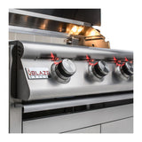 Front view, gas knob panel with red lights on a Blaze LTE2 32-inch, 4 burner gas grill. Model BLZ-4LTE2.