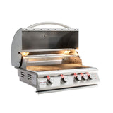 Front view, Blaze marine grade, 32-inch, 4 burner gas grill with lights on and hood open. Model is BLZ-4LTE2MG, LP or NG.