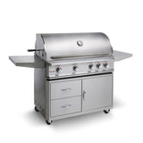Front view, freestanding Blaze 4 burner, 44-inch PRO LUX gas grill in grill cart. Models are BLZ-4PRO and BLZ-4PRO-CART-LTSC