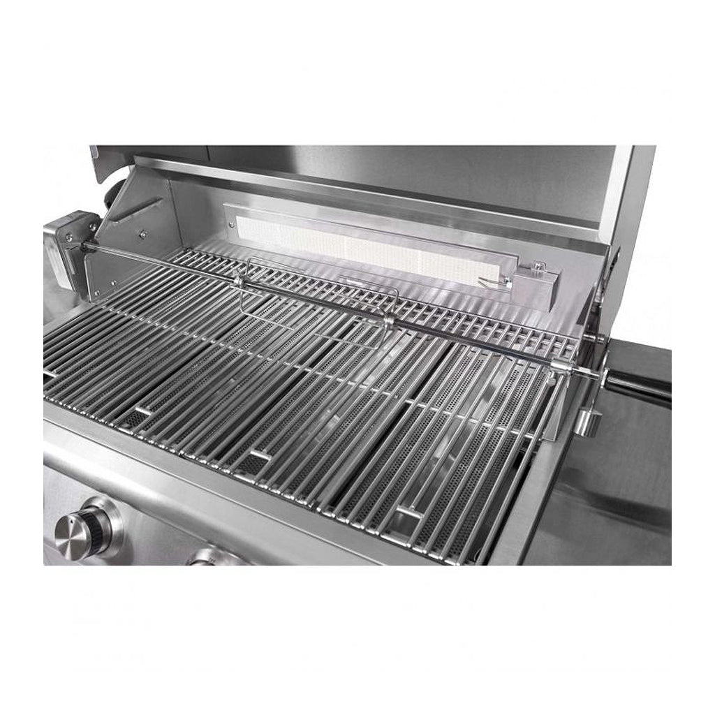 Blaze rotisserie set up in a 32", 4 burner LTE gas grill. ModelS are BLZ-34-ROTIS-SS or BLZ-5-ROTIS-SS.