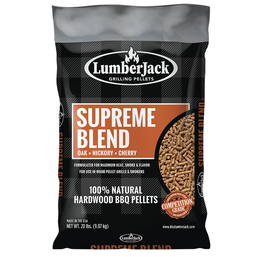 20 lb. bag of LumberJack Supreme Blend pellets. Lumber Jack Supreme Blend is equal parts oak, hickory and cherry. Available at Texas BBQ Grills, Denton TX.