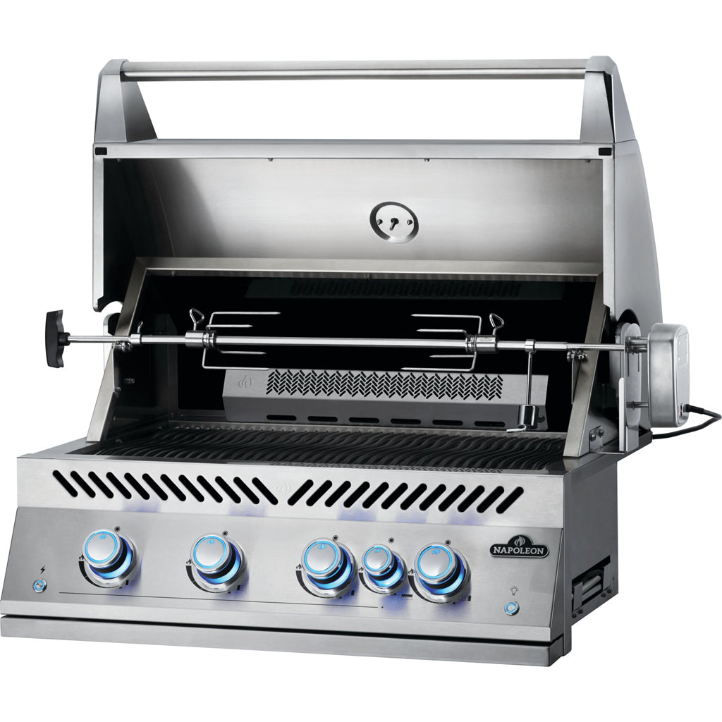 Napoleon 700 Series 32 gas grill with hood open showing the rotisserie install, front angle view.