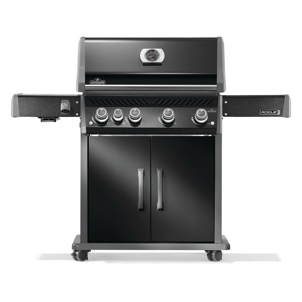 Napoleon Rogue PRO 525 gas grill with black exterior, front view.