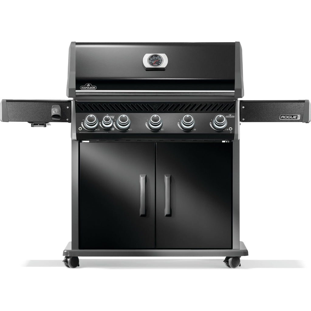 Front view, Napoleon Rogue Pro 625 gas grill with black exterior finish, 5 main burners, side infrared burner and backlit knobs.
