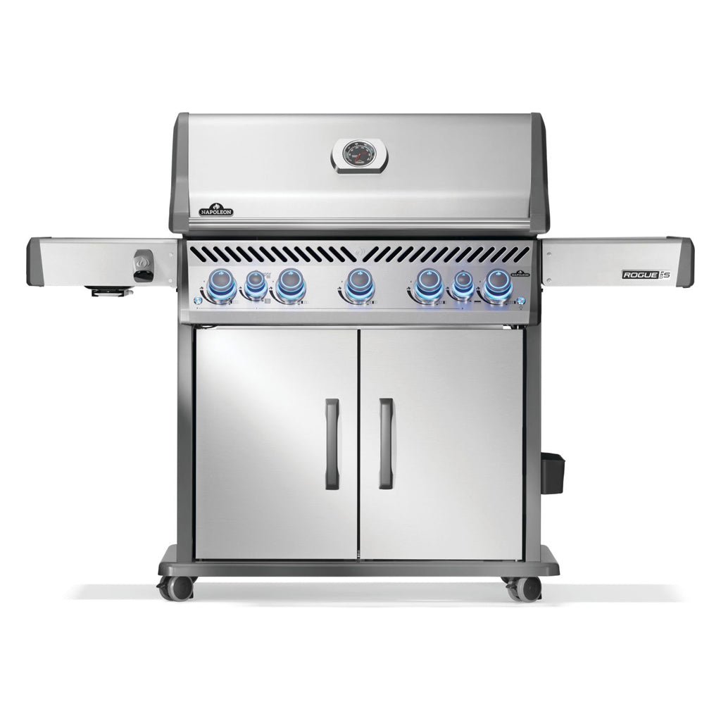 Napoleon Rogue PRO-S gas grill with stainless steel exterior, front view.