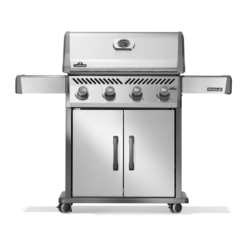 Front view Napoleon Rogue Series 525 gas grill with stainless steel front, 4 burners, folding side shelves, locking wheels and lower 2 door cabinet.