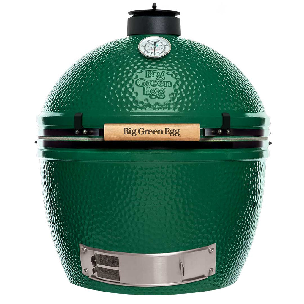 front view XL Big Green EGG ceramic kamado grill. XL EGG is the most popular Big Green EGG with veteran grill and barbeque cooks.