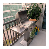 Blaze 21-inch, two burner electric grill and pedestal base on an apartment balcony. Model is BLZ-ELEC-21 and BLZ-ELEC21-BASE..
