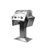 Angled front view with side shelves down, Blaze 21-inch, two burner electric grill and pedestal base on an apartment balcony. Model is BLZ-ELEC-21 and BLZ-ELEC21-BASE..