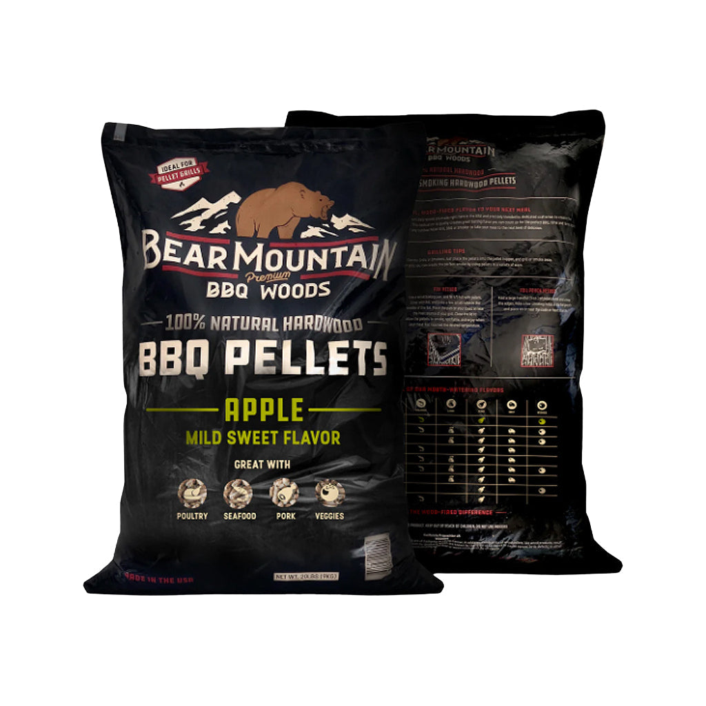 Bag of Bear Mountain 100% Apple BBQ pellets, 20 lb, sweet apple hardwood pellets for pellet grills, in stock in Denton TX
