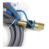 View of quick disconnet on a Blaze 10-foot extension hose. For use with low pressure natural gas. Does not fit small, 20 lb. LP bottles. Model is BLZ-NG-HOSE.