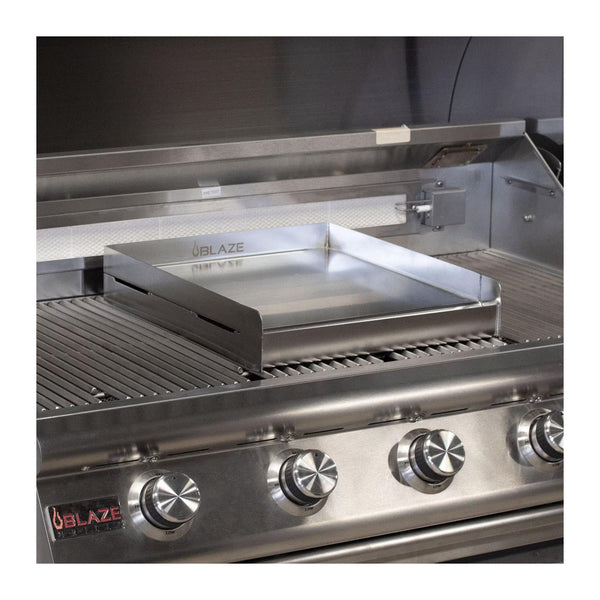 Front angle view, Blaze 14-inch griddle plate in a blaze gas grill. Model is BLZ-14-SSGP.