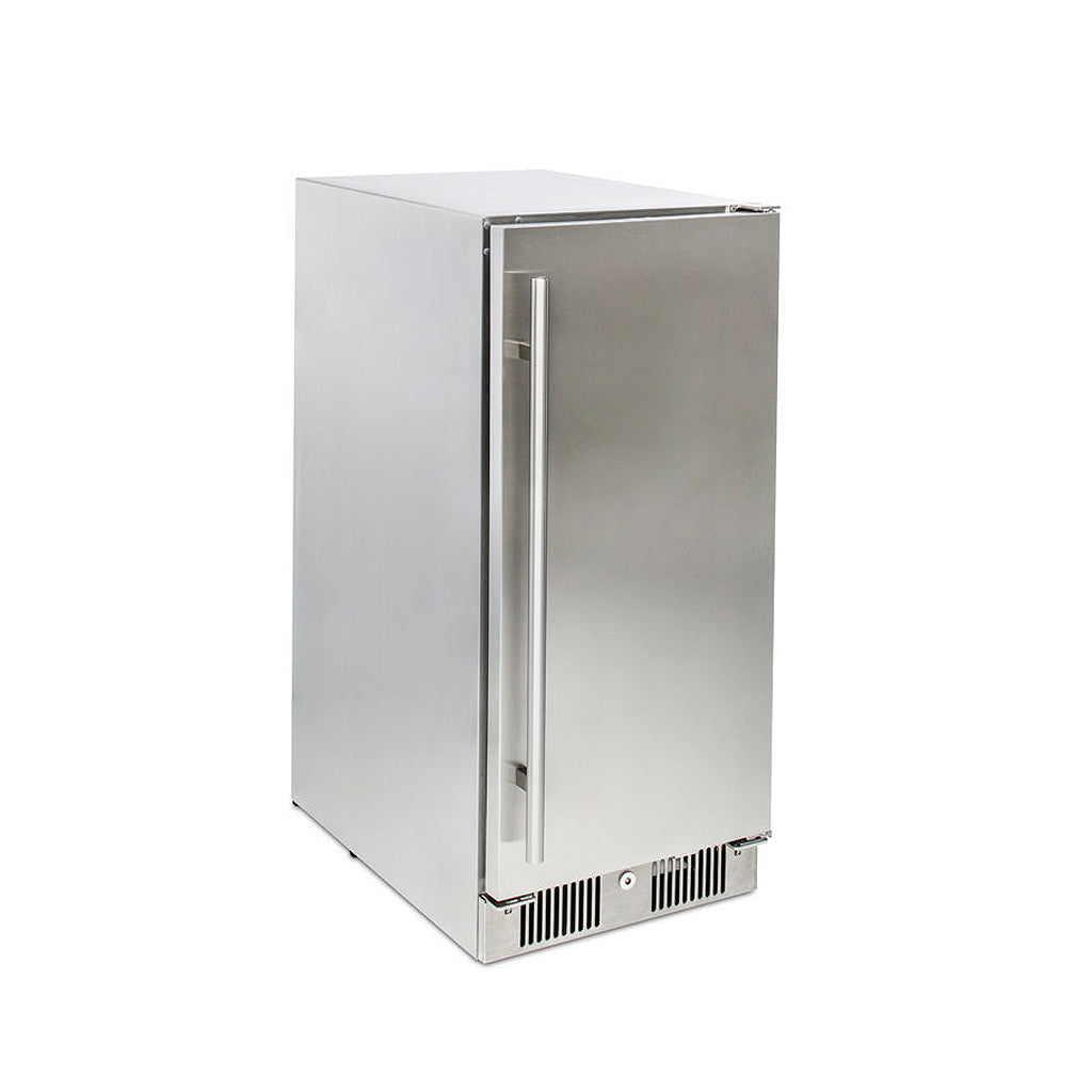 Front angle view of Blaze narrow 15" outdoor refrigerator. Model is BLZ-SSRF-15.