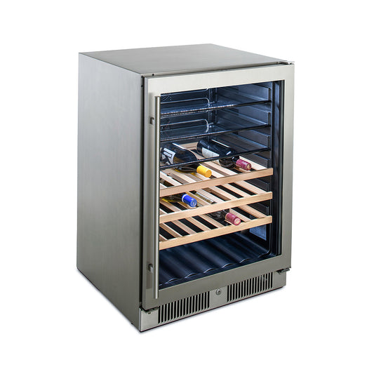 Front angle view, Blaze 24" glass door beverage cooler with bottles on shelves. Model is BLZ-GDBEV-5.5