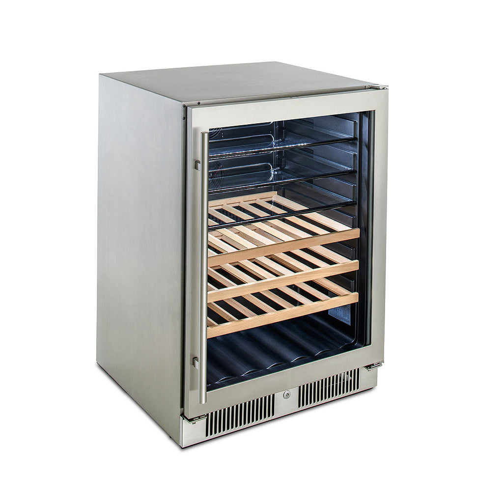 Front angle view, Blaze 24" glass door beverage cooler. Model is BLZ-GDBEV-5.5