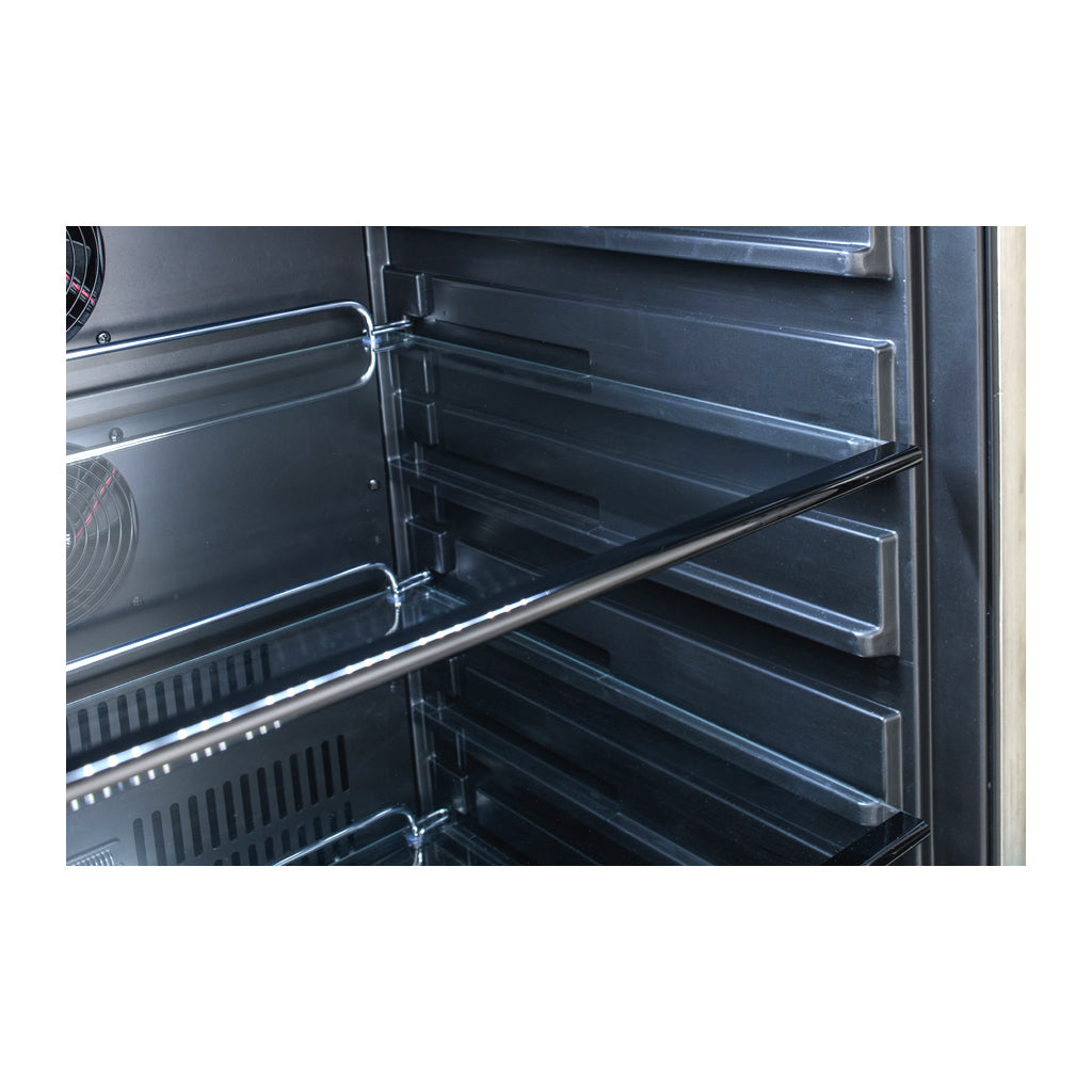 Front angle view of the adjustable shelf guides in the Blaze 24" glass door beverage cooler. Model is BLZ-GDBEV-5.5