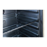 Front angle view of the adjustable shelf guides in the Blaze 24" glass door beverage cooler. Model is BLZ-GDBEV-5.5