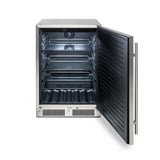 Front view with door open, Blaze 24", 5.5 cu. ft. outdoor rated refrigerator with 4 shelves, 3 adjustable. Model is BLZ-SSRF-5.5.