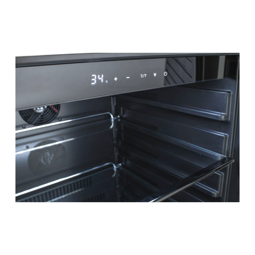 Front angle view of the temperature control panel on the Blaze 24", 5.5 cu. ft. outdoor rated refrigerator. Model is BLZ-SSRF-5.5.