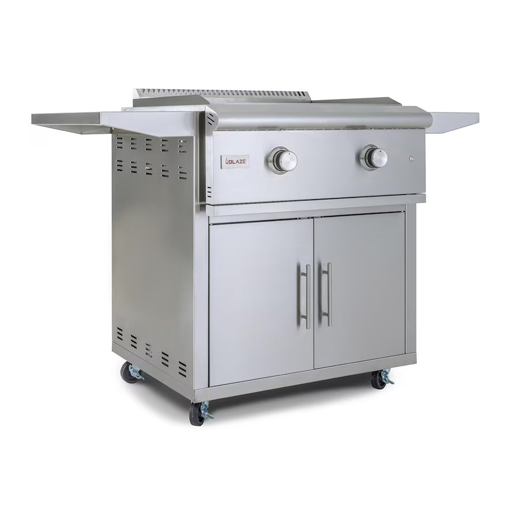 Side view, Blaze 30-inch, 2 burner griddle in the Blaze griddle cart. Models are BLZ-GRIDDLE-LTE adn BLZ-GRIDDLE-CART-SC.