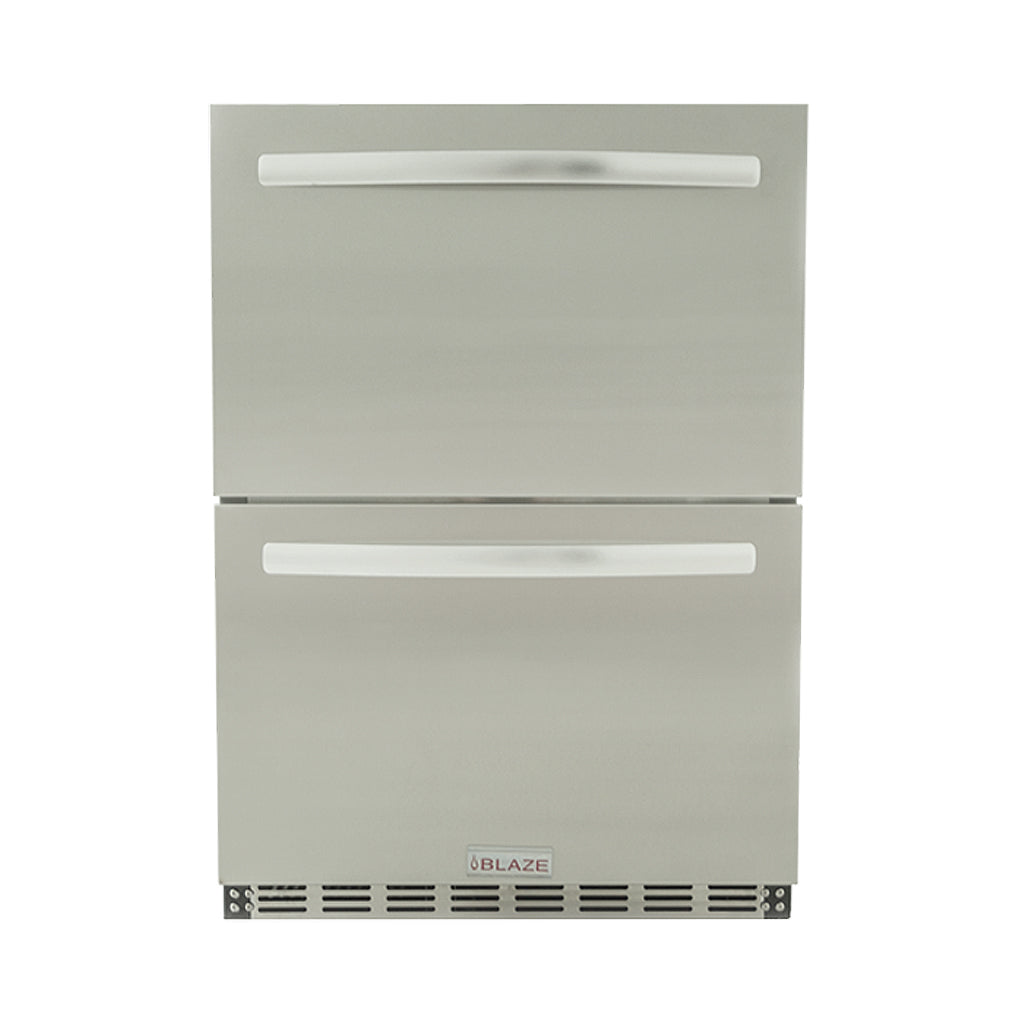 Front view, Blaze double door refrigerator. Model is BLZ-SSRF-DBDR5.1.