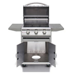 Front view, Blaze 25" 3 burner Prelude LBM gas grill and cart. Grill hood and two cart doors are open. Models are BLZ-3LBM and BLZ-3-CART-SC.