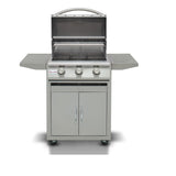 Front view, Blaze 25" 3 burner Prelude LBM gas grill and cart with grill hood open. Models are BLZ-3LBM and BLZ-3-CART-SC.
