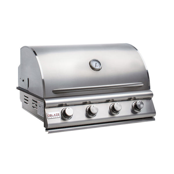 Front view, Blaze 4 burner 32-inch Prelude LBM gas grill. Model is BLZ-4LBM, LP or NG.
