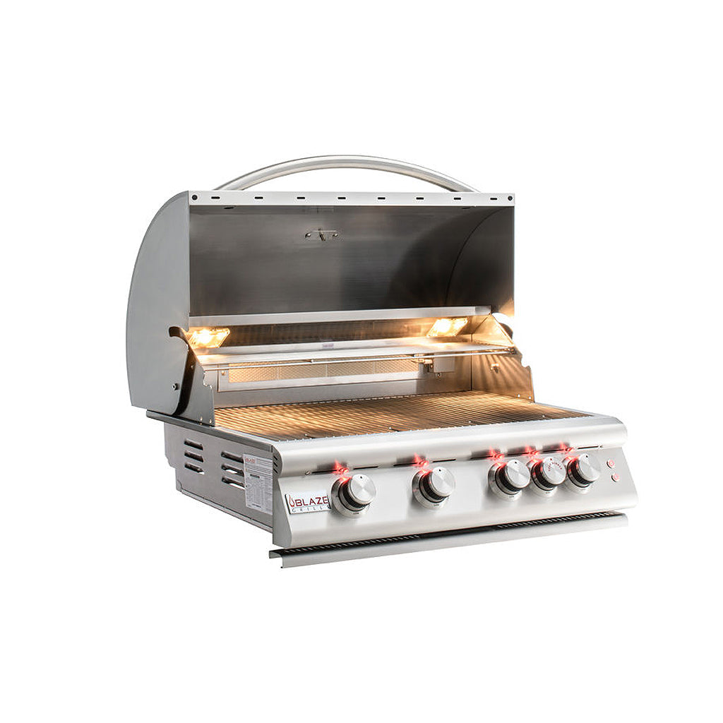 Front view, hood open on Blaze LTE2 32-inch, 4 burner gas grill. Model BLZ-4LTE2.