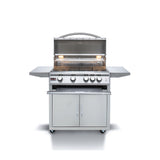 Front view, Blaze LTE2 32-inch, 4 burner gas grill sitting in the Blaze 4 cart. Model BLZ-4LTE2 and BLZ-4-CART-SC.