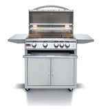 Front view of 4LTE2 4 burner, 32-inch gas grill in cart with grill hood open. Models are BLZ-4LTE2 and BLZ-4-CART-SC.
