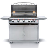 Front view, Blaze freestanding LTE2, 5 burner, 40-inch gas grill in cart. Models are BLZ-5LTE2 and BLZ-5-CART-SC.