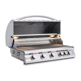 Front view, Blaze LTE2, 5 burner, 40-inch gas grill with hood open. Model is BLZ-5LTE2.