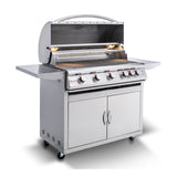 Front angle view, Blaze freestanding LTE2, 5 burner, 40-inch gas grill in cart. Models are BLZ-5LTE2 and BLZ-5-CART-SC.
