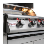 Front knob panel on the Blaze marine grade, 32-inch, 4 burner gas grill. Model is BLZ-4LTE2MG, LP or NG.