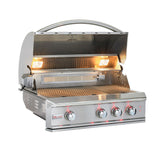 Front view, Blaze 3 burner, 34-inch PRO LUX gas grill with grill hood open. Model is BLZ-3PRO.