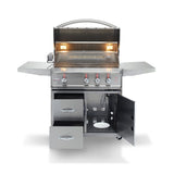 Front view freestanding Blaze Pro Lux, 34-inch, 3 burner gas grill in cart with grill hood and cart door and drawers open. Models are BLZ-3PRO and BLZ-3PRO-CART-LTSC.