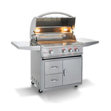 Front view, freestanding Blaze 3 burner, 34-inch PRO LUX gas grill in grill cart. Models are BLZ-3PRO and BLZ-3PRO-CART-LTSC.