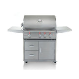 Front view, freestanding Blaze Pro Lux, 34-inch, 3 burner gas grill in cart. Models are BLZ-3PRO and BLZ-3PRO-CART-LTSC.
