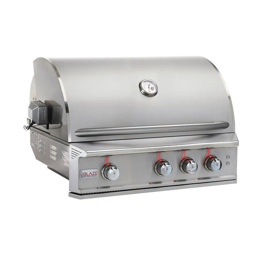 Front view, Blaze 3 burner, 34-inch PRO LUX gas grill. Model is BLZ-3PRO.