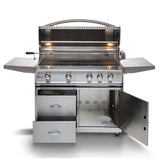 Front view, freestanding Blaze Pro Lux, 4 burner, 44-inch gas grill in cart with hood, door and drawers open. Model is BLZ-4PRO and BLZ-4PRO-CART-LTSC.