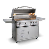 Front view with grill hood open on a Freestanding Blaze Pro Lux, 4 burner, 44-inch gas grill in cart. Model is BLZ-4PRO and BLZ-4PRO-CART-LTSC.